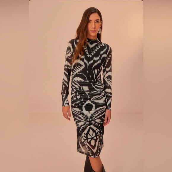 Farm Rio Pineapple Ikat Black Tulle Midi Dress - Picture 2 of 9